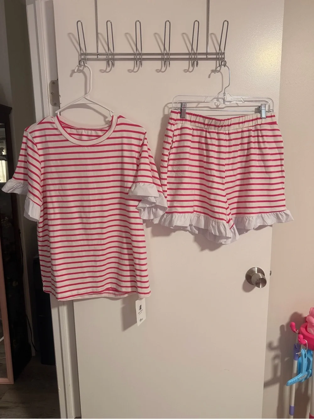 Amazon Pink & White Stripe Ruffle Short Sleeve Top and Shorts with Pockets Set